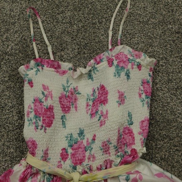 LoveShackFancy Dress Womens Small Pink Floral Tiered Maxi Smocked Ruffle Belted - Picture 4 of 13